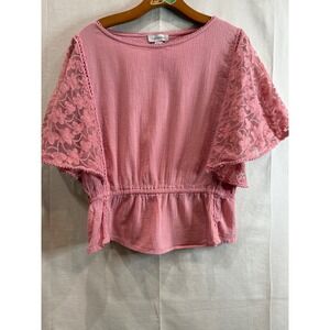 Calligraphie Women Pink Lace Flutter Sleeve Peplum Top Boat Neck Blouse Large